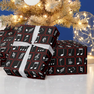Stylish Red Black and White Geometric Music Notes Wrapping Paper