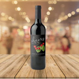 Stylish Red Black Cheers Cherries Modern Script Wine Label