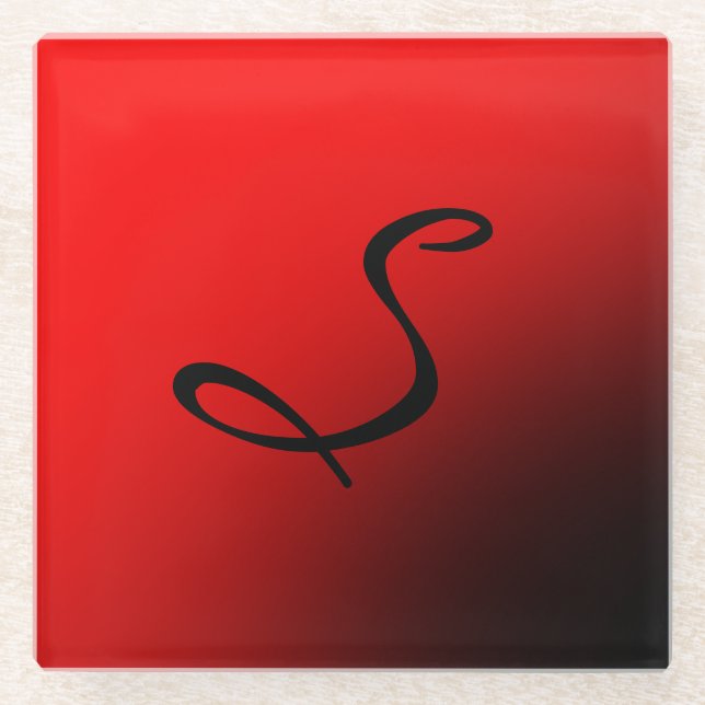 Stylish Red Black Monogram Initial Professional Glass Coaster (Front)