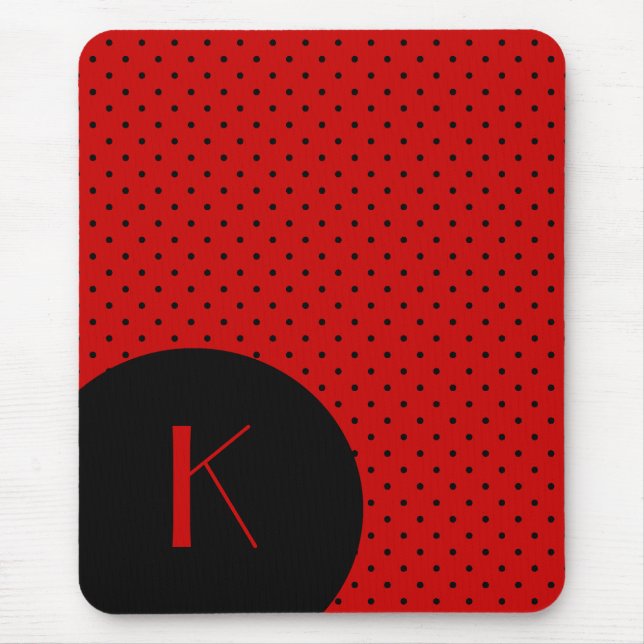Stylish Red & Black Polka Dot Monogram Mouse Mat (Front)
