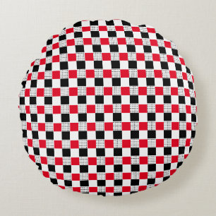 Stylish red black & white Chequerboard classic Round Cushion