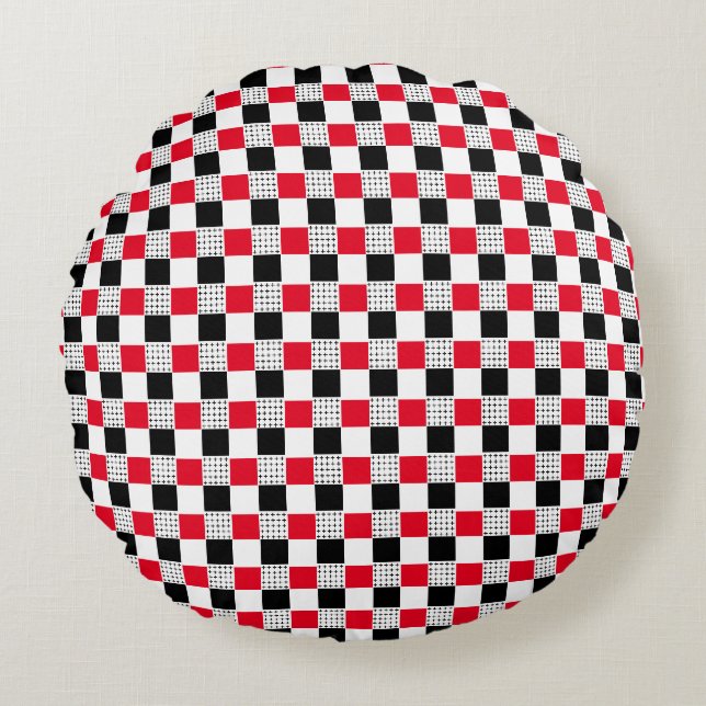 Stylish red black & white Chequerboard classic Round Cushion (Front)