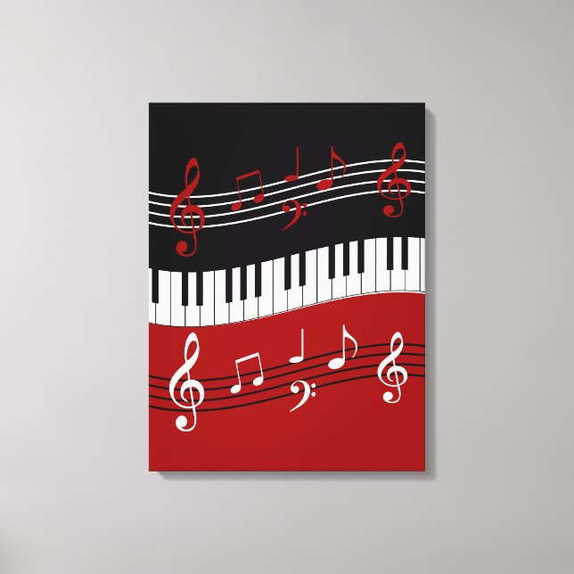 Stylish Red Black White Piano Keys and Notes Canvas Print (Front)
