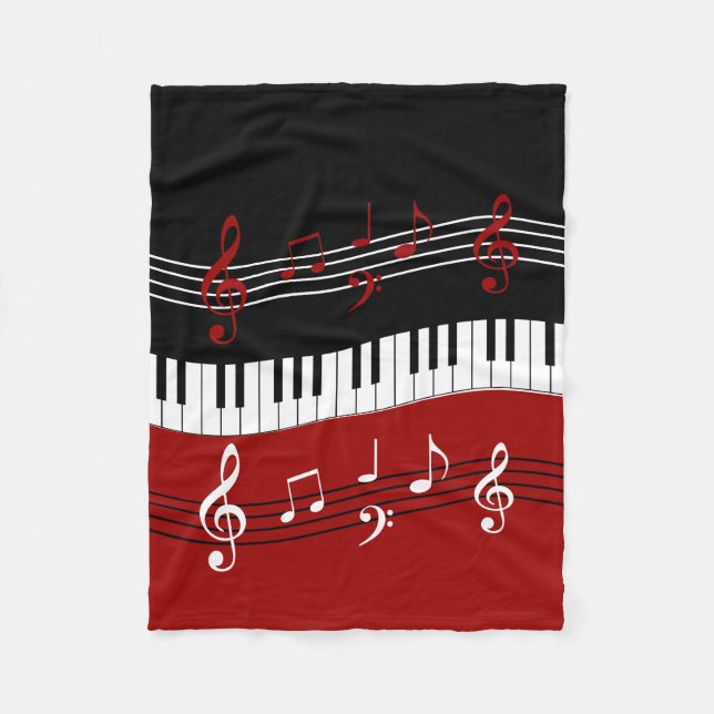 Stylish Red Black White Piano Keys and Notes Fleece Blanket (Front)