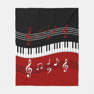 Stylish Red Black White Piano Keys and Notes Fleece Blanket