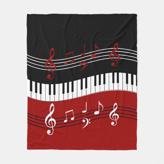 Stylish Red Black White Piano Keys and Notes Fleece Blanket (Front)