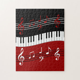 Stylish Red Black White Piano Keys and Notes Jigsaw Puzzle