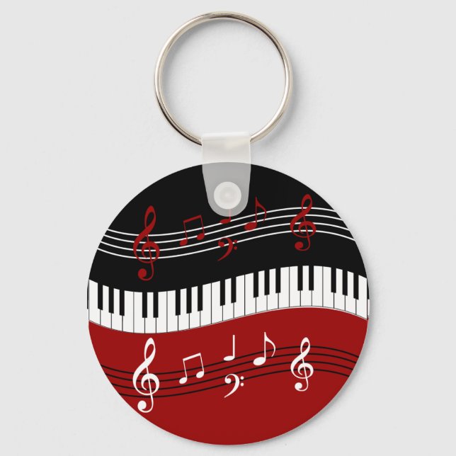 Stylish Red Black White Piano Keys and Notes Key Ring (Front)