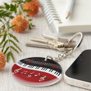 Stylish Red Black White Piano Keys and Notes Key Ring