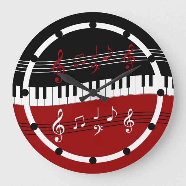 Stylish Red Black White Piano Keys and Notes Large Clock (Front)