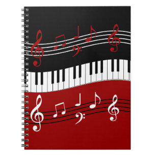 Stylish Red Black White Piano Keys and Notes Notebook
