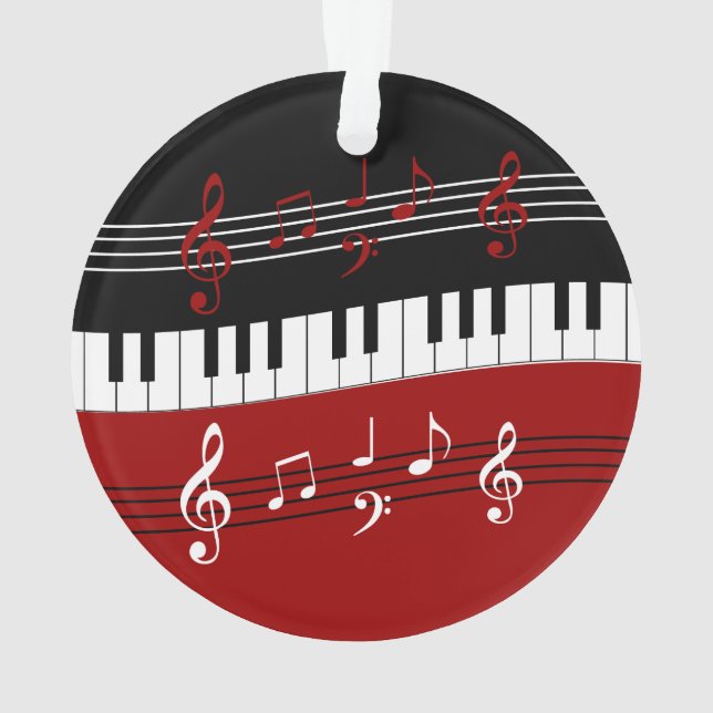 Stylish Red Black White Piano Keys and Notes Ornament (Back)