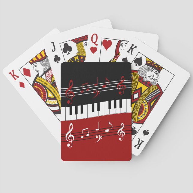 Stylish Red Black White Piano Keys and Notes Playing Cards (Back)
