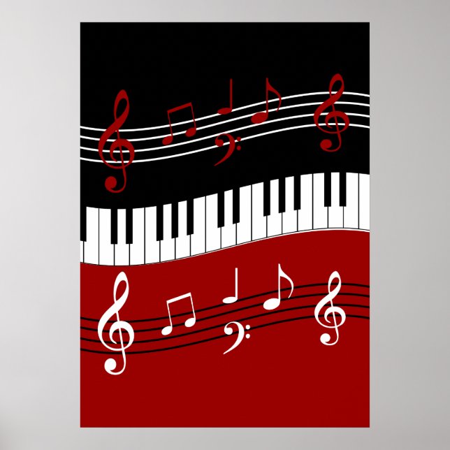 Stylish Red Black White Piano Keys and Notes Poster (Front)