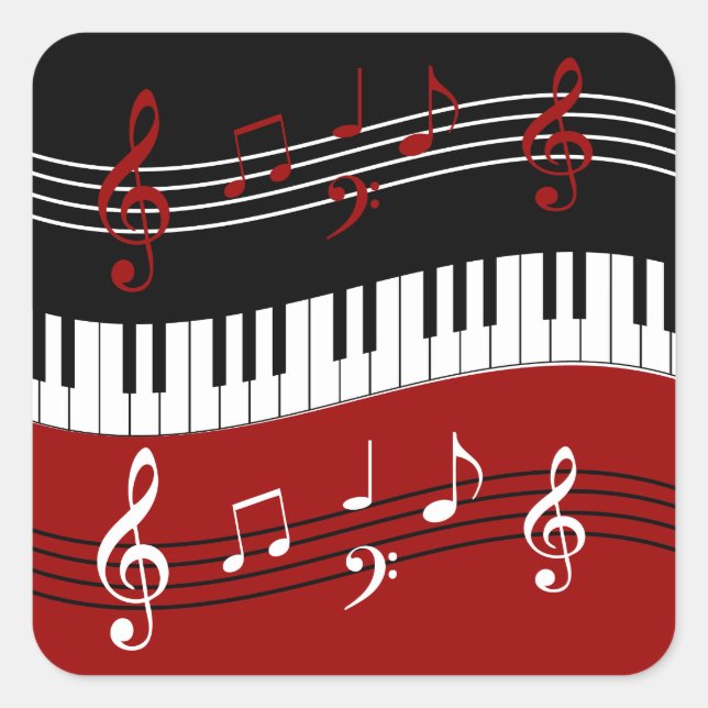 Stylish Red Black White Piano Keys and Notes Square Sticker (Front)