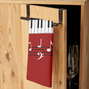 Stylish Red Black White Piano Keys and Notes Tea Towel