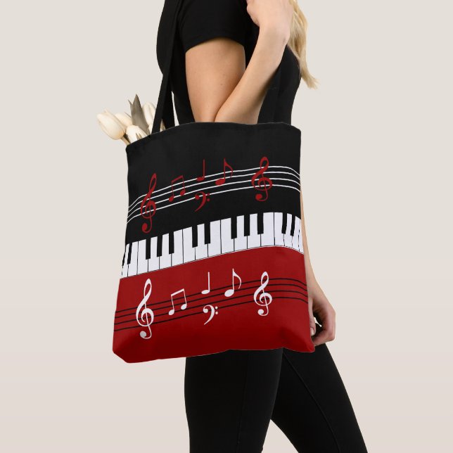 Stylish Red Black White Piano Keys and Notes Tote Bag (Close Up)