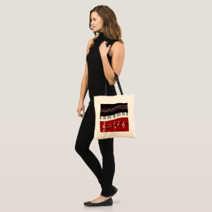 Stylish Red Black White Piano Keys and Notes Tote Bag