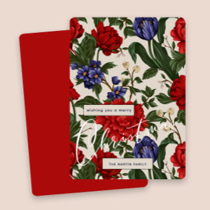 Stylish Red BotanicalFloral Merry Christmas Script Holiday Card