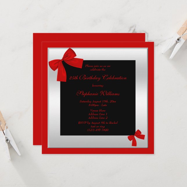 Stylish Red Bows & Silver Framed Birthday  Invitation (Front/Back In Situ)