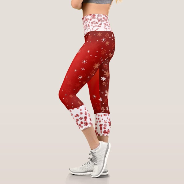 Stylish Red Christmas Snowflakes White Comfy Cool  Capri Leggings (Left)