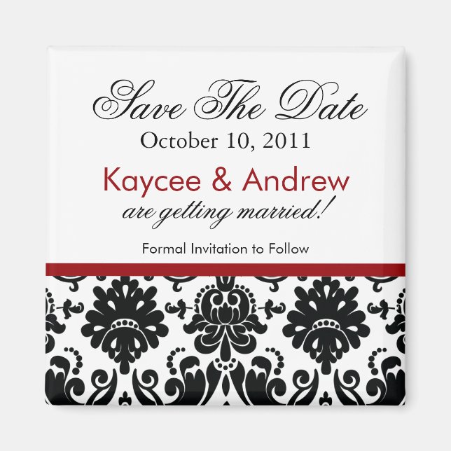 Stylish Red Damask Save The Date Magnet (Front)