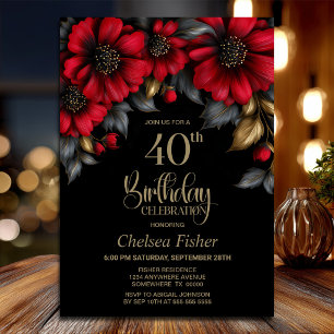 Stylish Red Floral Black 40th Birthday Party Invitation