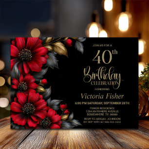 Stylish Red Floral Black 40th Birthday Party Invitation