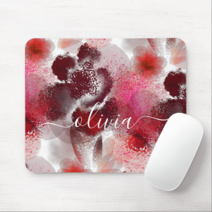Stylish Red Floral Signature Monogram Mouse Mat
