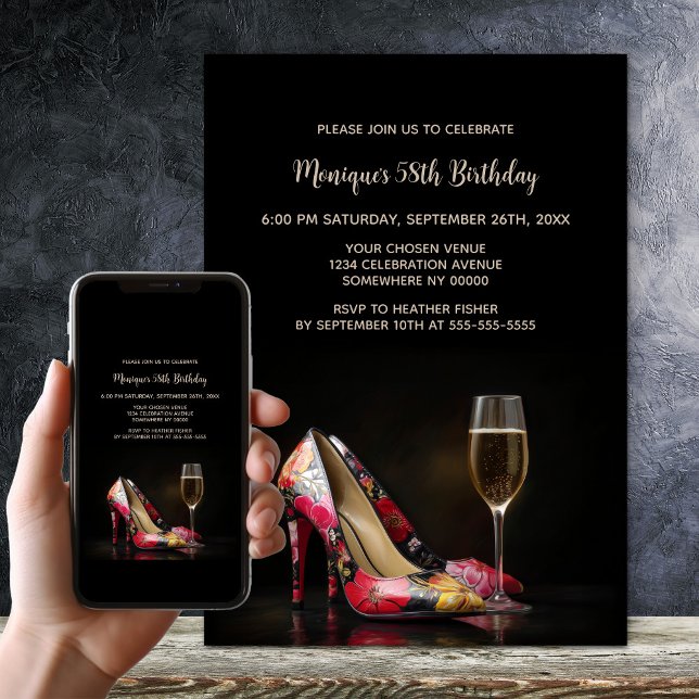 Stylish Red Floral Stiletto Shoes Birthday Party Invitation (Creator Uploaded)