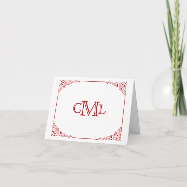 Stylish Red Flourish Monogram Note Card (Front)