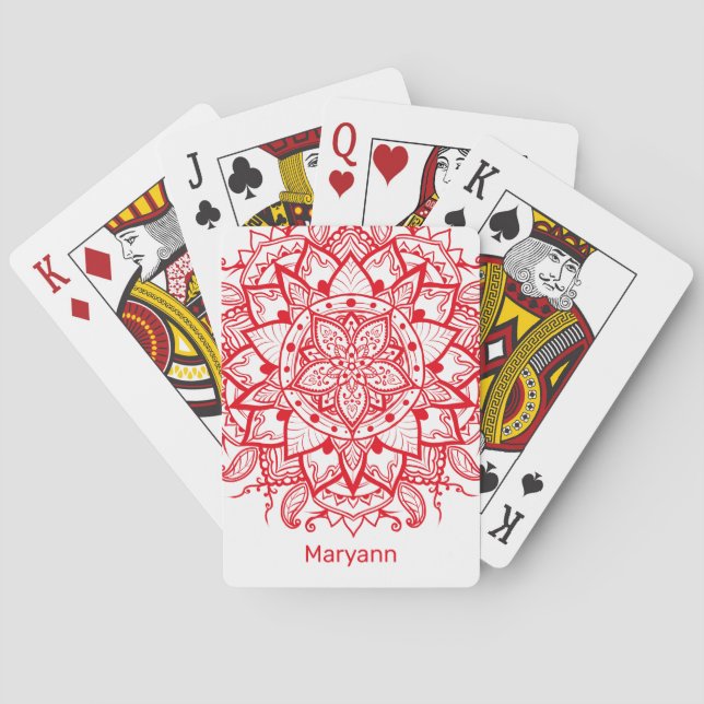 Stylish Red Flower Mandala Boho Customised Playing Cards (Back)