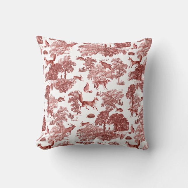 Stylish Red French Toile Fox Rabbit in Forest Cushion (Front)