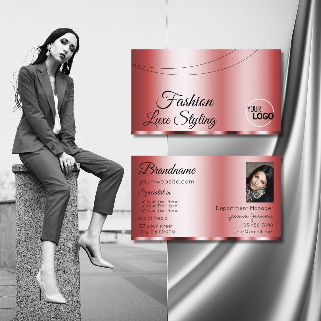Stylish Red Glamourous with Logo and Photo Stylish Business Card (Creator Uploaded)