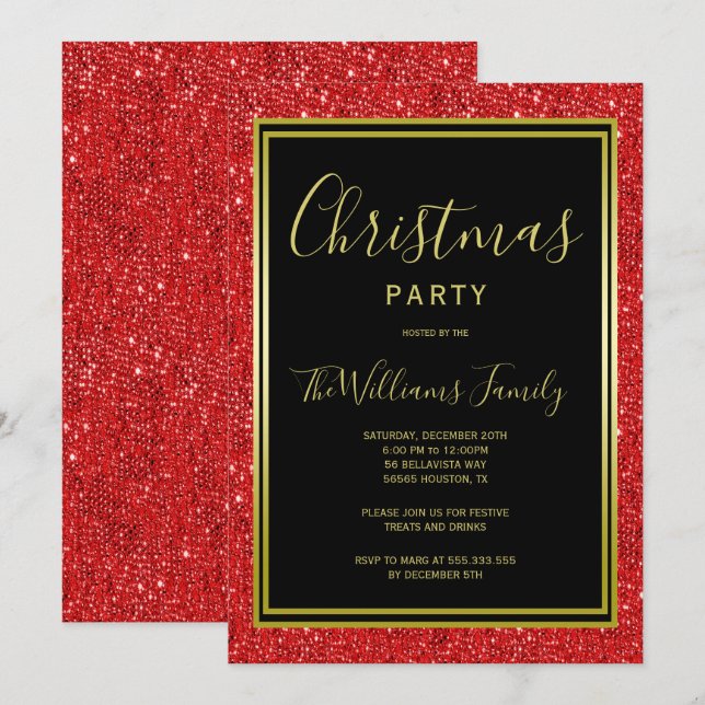 Stylish Red Glitter, Gold Framed Christmas Party Invitation (Front/Back)