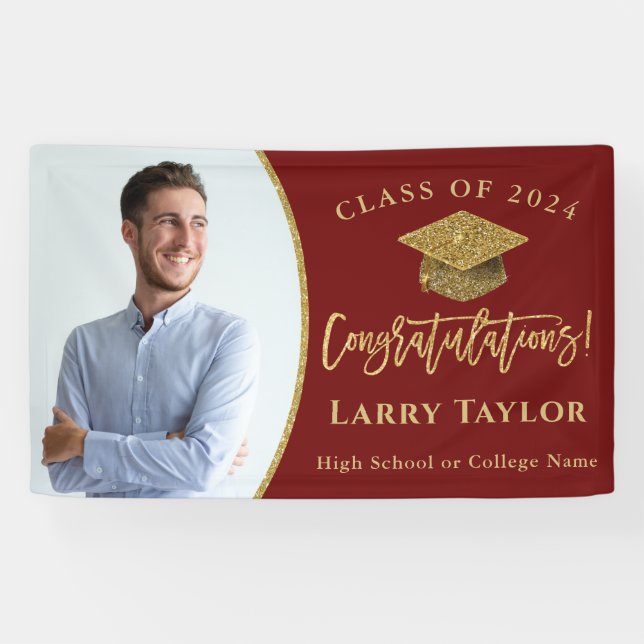Stylish Red Gold Graduate Photo Graduation Party Banner (Horizontal)
