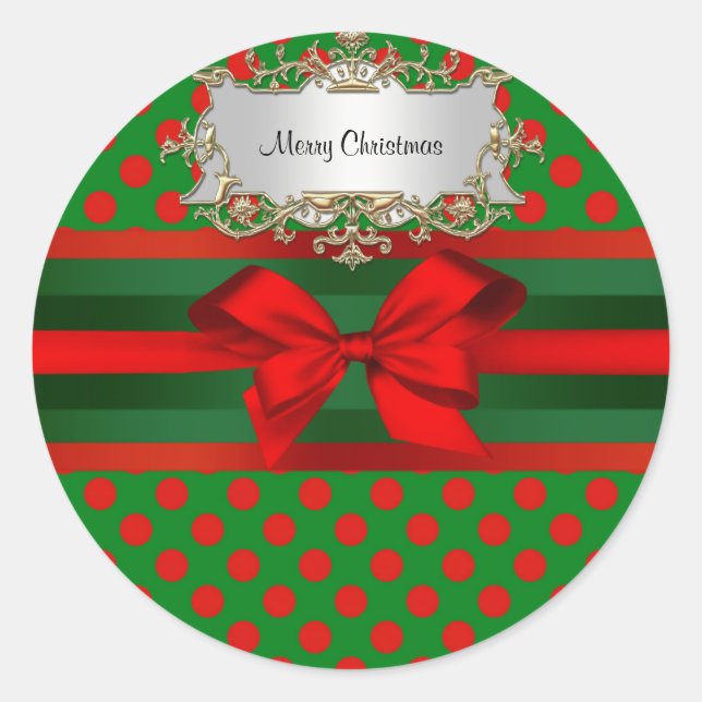 Stylish Red & Green Polka Dot Ribbon Christmas Classic Round Sticker (Front)