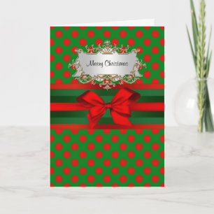 Stylish Red & Green Polka Dot Ribbon Christmas Holiday Card