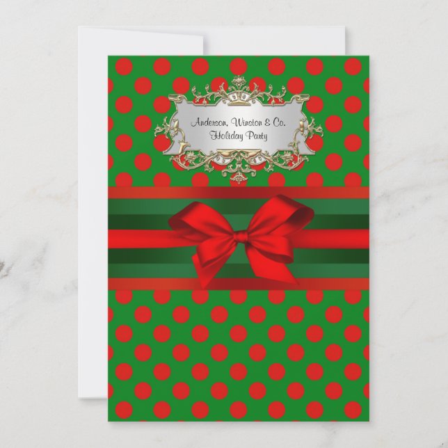 Stylish Red & Green Polka Dot Ribbon Christmas Invitation (Front)