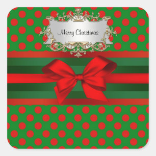 Stylish Red & Green Polka Dot Ribbon Christmas Square Sticker