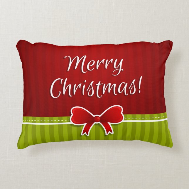 Stylish Red Green Stripes Merry Christmas Design Decorative Cushion (Front)