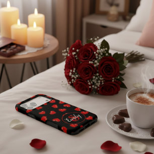 stylish Red heart pattern on black Custom monogram