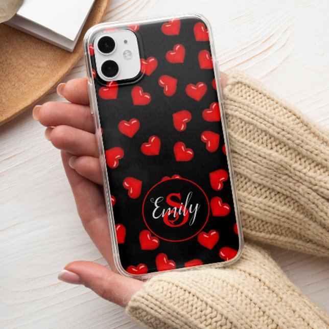 stylish Red heart pattern on black Custom monogram Case-Mate iPhone Case (Creator Uploaded)