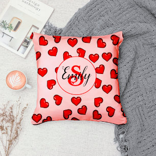 stylish Red heart pattern on blush pink monogramed Cushion