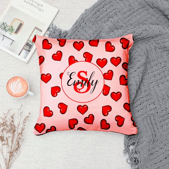 stylish Red heart pattern on blush pink monogramed Cushion (Creator Uploaded)