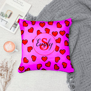 stylish Red heart pattern on purple monogramed Cushion