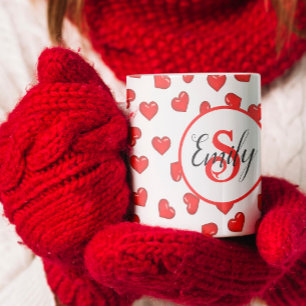 stylish Red heart pattern on white monogrammed Coffee Mug