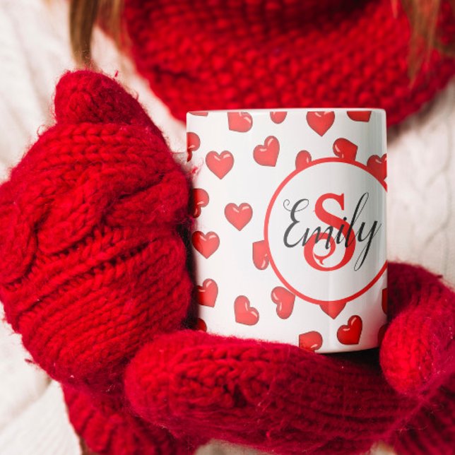 stylish Red heart pattern on white monogrammed Coffee Mug (Creator Uploaded)