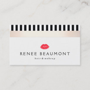 Stylish Red Kissing Lips  Black and White Striped Business Card