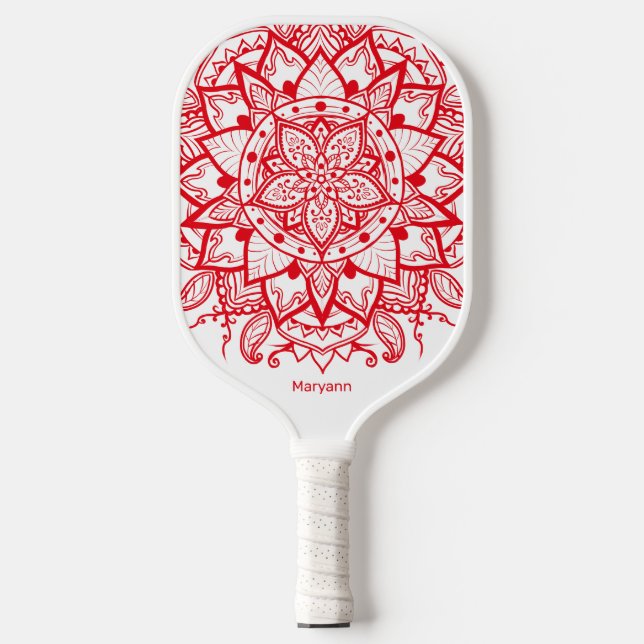 Stylish Red Mandala Flower Boho Name & Initials Pickleball Paddle (Front)